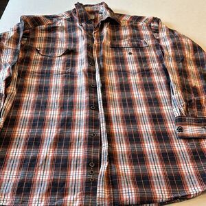 Barn Fly Men's Plaid Shirt medium Black, White, Orange excellent shape.